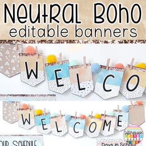 Editable Boho Bunting Bulletin Board Banner Letters | Neutral Boho Classroom Decor | Neutral Bunting Banner Template Classroom Banner