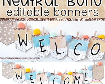 Editable Boho Bunting Bulletin Board Banner Letters | Neutral Boho Classroom Decor | Neutral Bunting Banner Template Classroom Banner