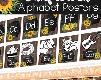 Alphabet Posters with Pictures for the Classroom Sunflower Farmhouse Classroom Decor Printable ABC Posters |Large Alphabet Letters Cursive