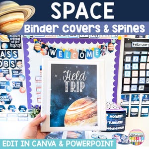 May include: A white binder cover featuring a dark blue space-themed background with a large planet in the lower right corner and the white text "Field Trip" centered. The design includes small white stars scattered across the dark blue field.