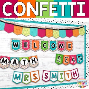 Editable Confetti Rainbow Bunting Bulletin Board Banner Letters | Confetti Rainbow Classroom Decor | Modern Classroom Bunting Banner