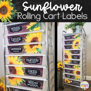 10 Schubladenwagen Rolletiketten Bearbeitbar Sonnenblume Bauernhaus Klassenzimmer Dekor Sonnenblume Rollwagen Etiketten Trolleyetiketten