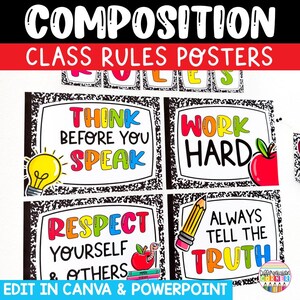 May include: A set of classroom posters with a black and white composition notebook pattern border. The posters feature colorful text including Think Before You Speak, Work Hard, Respect Yourself & Others, and Always Tell The Truth with icons.