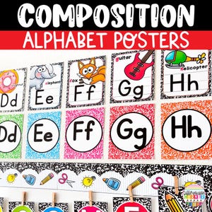 May include: Alphabet posters with the words "COMPOSITION" and "ALPHABET POSTERS" at the top. Each poster features a letter of the alphabet with a corresponding image, such as a fox for "Ff" and a guitar for "Gg".