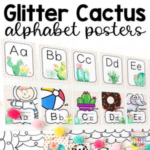 Alphabet Poster für das Klassenzimmer Kaktus Klassenzimmer Dekor | Druckbare Alphabet-Poster mit Bildern, Handschriftlinien, Schreibschrift-Alphabet-Postern