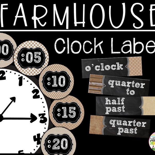 PRINTABLE Farmhouse Neutral Clock Label Numbers in 5 Minute intervals | Neutral Classroom Decor | Clock Number Labels | Clock Hand Labels