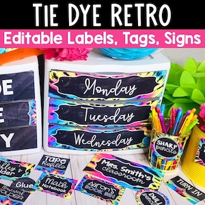 Editable Classroom Labels Tie Dye Retro Classroom Decor Classroom Supply Labels Classroom Posters 60s 70s Classroom Theme Groovy Hippie