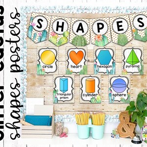 DRUCKBARE Form Poster und Diagramme | Kaktus Klassenzimmer Dekor | Poster mit 2D und 3D-Formen | Sukkulenten Kaktus Formen Pinnwand