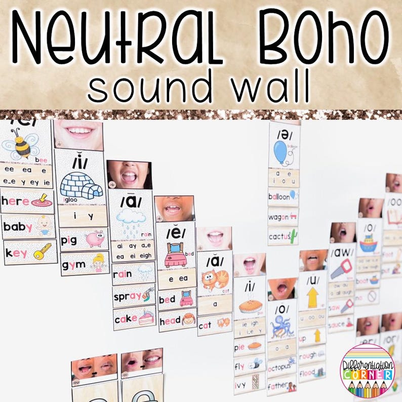 K&ouml;nnte beinhalten: Eine "Neutrale Boho-Schallwand" mit verschiedenen Phonetik-Karten. Die Karten zeigen Bilder, phonetische Symbole und W&ouml;rter wie "Biene", "Baby" und "Schl&uuml;ssel". Die Wand ist f&uuml;r Bildungszwecke konzipiert.