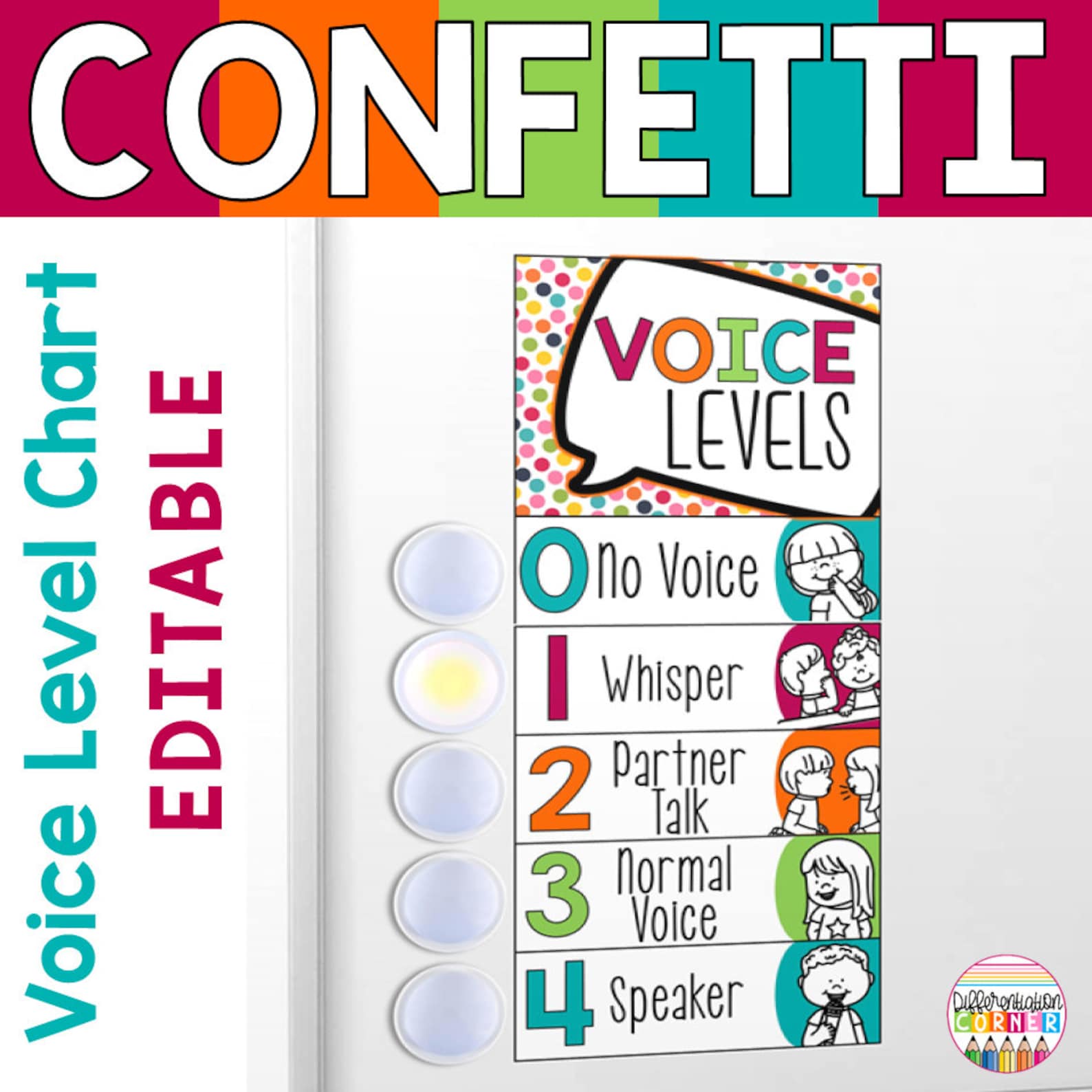 Printable Voice Level Chart Posters, Confetti Rainbow Classroom Decor