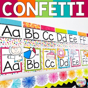 Alphabet Posters with Pictures for the Classroom | Confetti Rainbow Classroom Decor Printable Alphabet Posters | Cursive | Handwriting Lines