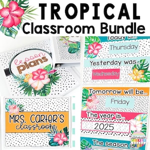 Op de afbeelding: Een tropische klasbundel met lesplannen, een dagschema en een klaslokaalbord. Het ontwerp bevat hibiscusbloemen, tropische bladeren en een zwart-wit stippenpatroon. De tekst bevat "MRS. CARTER'S classroom" en "2025".