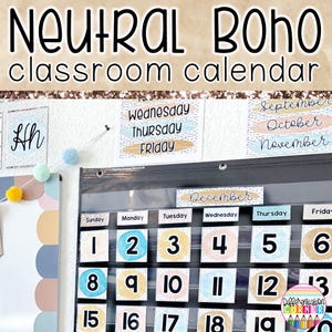 Boho-klaskalenderset met weerkaart | Neutraal boho-klaslokaaldecor | Neutrale klaskalender muurkit kalendernummers