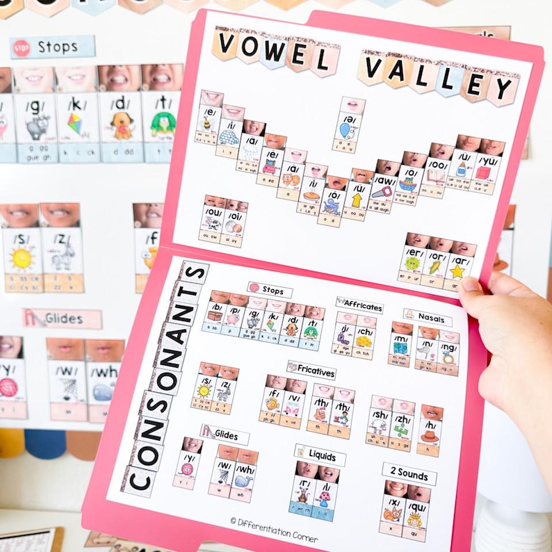 K&ouml;nnte beinhalten: Eine rosa-wei&szlig;e Lernphonetik-Tafel mit den W&ouml;rtern "VOWEL VALLEY" und "CONSONANTS". Die Tafel zeigt verschiedene Vokal- und Konsonantenlaute mit entsprechenden Bildern und phonetischen Symbolen.