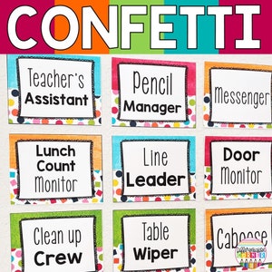 Editable Classroom Jobs Chart Template | Confetti Rainbow Classroom Decor | Classroom Job Chart | Confetti Rainbow Classroom Jobs Cards
