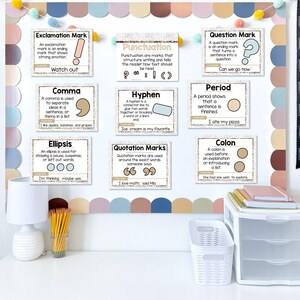 May include: Educational wall decor featuring punctuation marks. Each card explains a mark like the exclamation point, comma, hyphen, and quotation marks. The cards are arranged on a colorful bulletin board, perfect for a classroom or home learning environment.