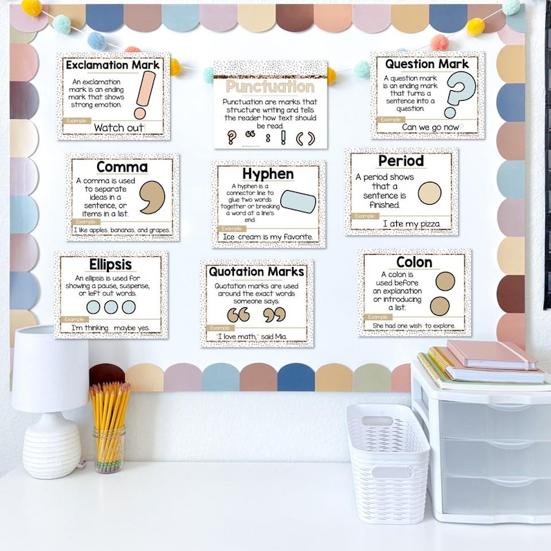 May include: Educational wall decor featuring punctuation marks. Each card explains a mark like the exclamation point, comma, hyphen, and quotation marks. The cards are arranged on a colorful bulletin board, perfect for a classroom or home learning environment.