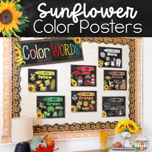 Pacote de pôsteres coloridos para impressão | Decoração de sala de aula Sunflower Farmhouse | Pôsteres de cores Sunflower | Quadro de avisos Color Words