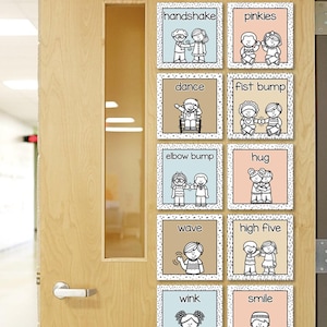 May include: A wooden door with a window and a series of illustrated cards. Each card features a different social interaction, such as a handshake, fist bump, or hug, with corresponding text labels. The cards have a dotted border and are in various pastel colors.