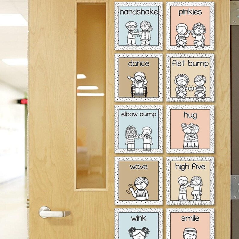 May include: A wooden door with a window and a series of illustrated cards. Each card features a different social interaction, such as a handshake, fist bump, or hug, with corresponding text labels. The cards have a dotted border and are in various pastel colors.