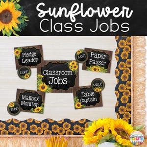 Editable Classroom Jobs Chart Template | Sunflower Farmhouse Classroom Decor | Classroom job chart | Classroom Jobs Cards