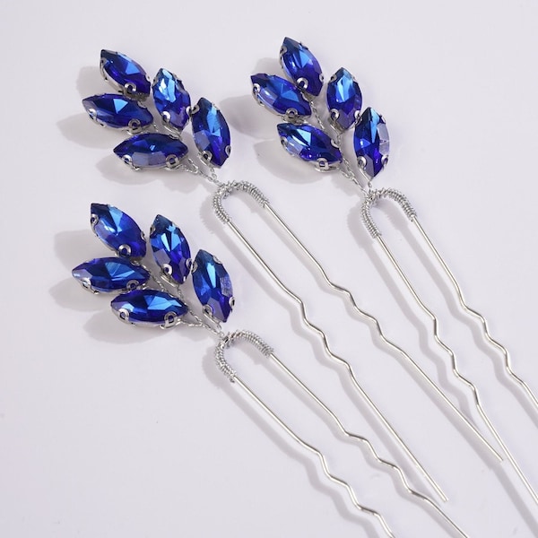 Navy Blue Rhinestones Bride Wedding Hair Pins, Silver Bridal Hair Piece, Wedding Hair Accessories for Women