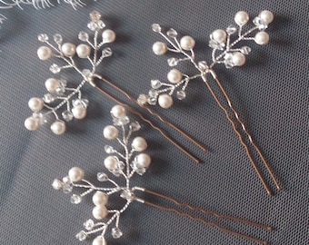 Bridal pearl hair pins Set of 3, Wedding pearl hair piece, Bridal crystal hairpins, Wedding hair pins for Bride