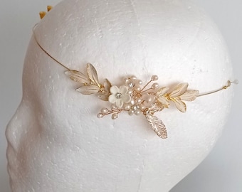 Gold Leaf Freshwater Pearl Bridal Tiara Headband, Wedding Hair Vine - E0110-Y