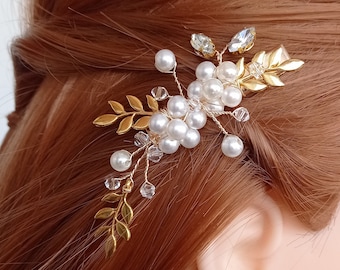 Gold Wedding hair Clip, Pearl Bridal Wedding Hair Clip, Leaf Bridal hair Clip, Hair Jewelry