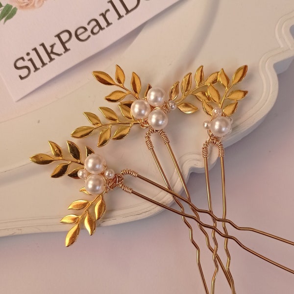 Pearl and Leaf Bridal Wedding Hair Pins, Wedding hair Clip, Leaf hairpin