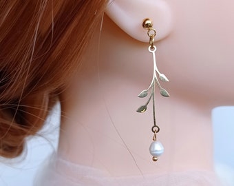 Boucles d'oreilles de mariage pour les mariées, longues boucles d'oreilles en or avec perles d'eau douce, boucles d'oreilles en perles d'or