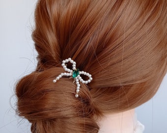 Pearl Bow et Emerald Green épingles à cheveux de mariage, Pince à cheveux de mariage, Pearl HairPin