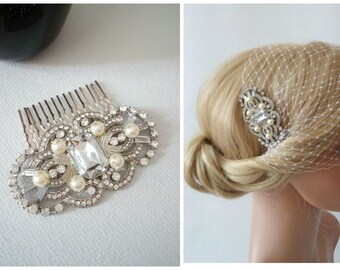 Birdcage Veil, Ivory Wedding Veil, Bridal Veil and Bridal Comb, Bandeau Birdcage Veil, Bridal Fascinator, Art Deco Veil, Art Deco Hair Comb