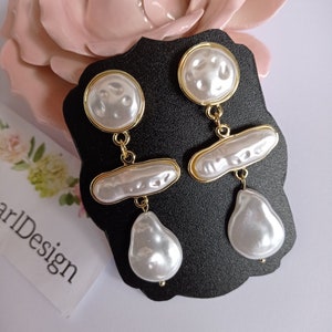 Pearl Wedding Earrings, Wedding Pearl Earrings, Modern Pearl Earrings, Gold Dangle Earrings image 6