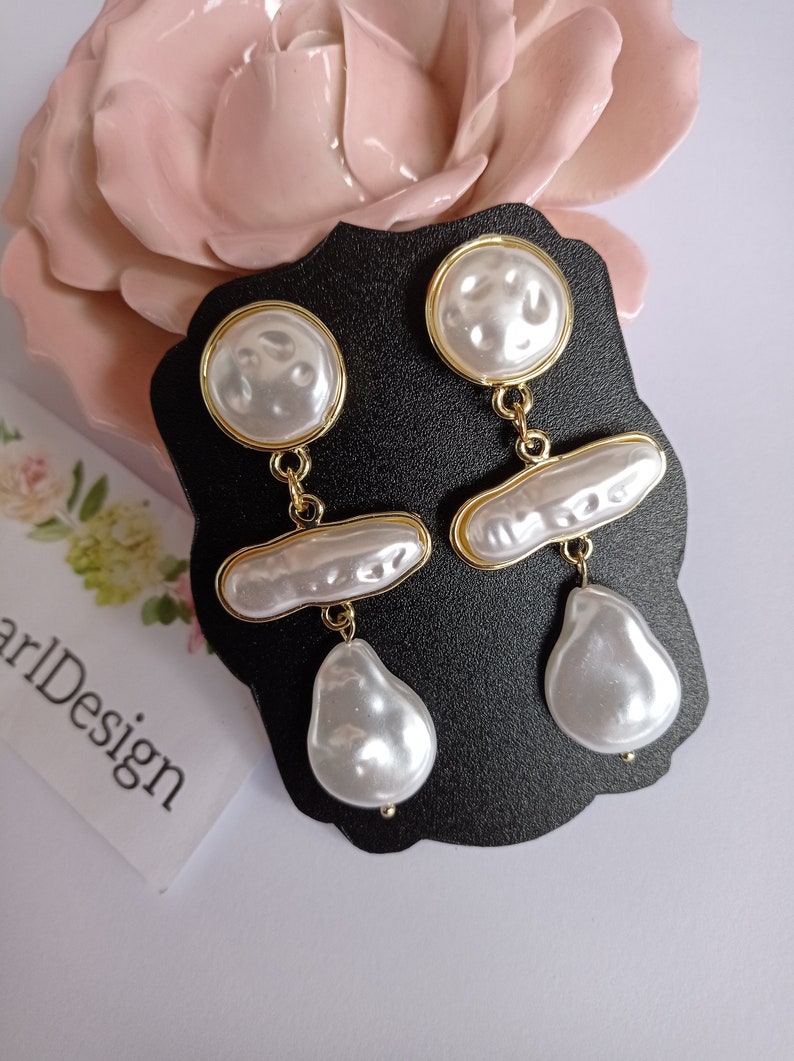 Pearl Wedding Earrings, Wedding Pearl Earrings, Modern Pearl Earrings, Gold Dangle Earrings image 6