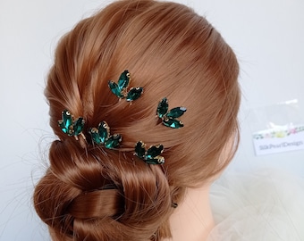 Set of 5 Emerald Green Bridal Wedding Hair Pins, Wedding hair Clip, Crystal HairPin