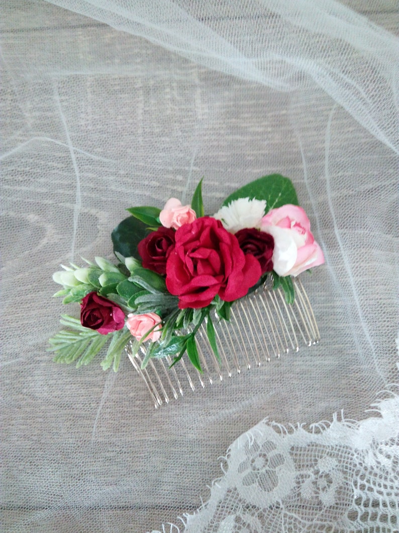 Burgundy Hair Piece Deep Red Bridal Hair Comb Flowers Wedding Hair Piece Flower Headpiece Burgundy Hair Comb Burgundy Flower Hair Comb