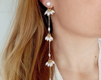 Boho Dangle Earrings, Long Chain Pearl Earrings