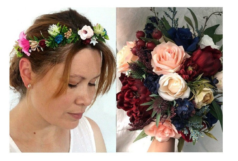 Flower wreath Burgundy and Gold Headband Blush and Burgundy Flower Crown Bridal Flower Vine Navy Maroon and Gold Wedding hair Vine