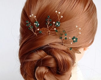 Emerald Hair Pin Wedding hair Pin, Emerald Head Piece Emerald Hair Comb, Green Headpiece, Bridal Hair Pins Set of 3, Green Hair Pins - H239