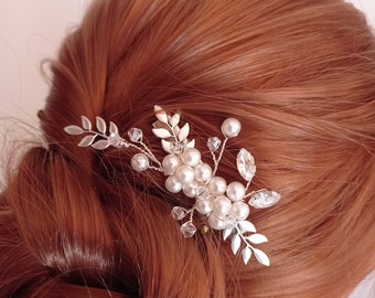 Fermaglio per capelli da sposa con perle, fermaglio per capelli da sposa con foglie, gioielli per capelli