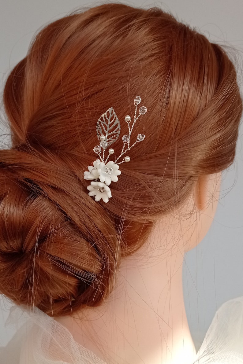 Pièce de cheveux de mariage Feuille d'argent Accessoires de cheveux de mariage Épingles à cheveux de mariée fleur ivoire H241 image 2