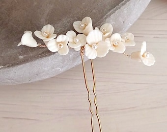 Porcelain Flower Hair Pins, Bridal Hair Clips, Vintage Headpieces, Gold Hairpins, Wedding Headdress - AD1112