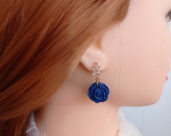 Navy Blue Earrings, Dark Blue Earrings, Flowers Earrings