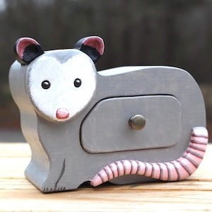 Hand Carved Opossum Box – Primitive Folk Art Wooden Sculpture with Drawer
