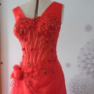 Red Ballroom Dance Dress, American Smooth, Corset bodice, organza skirt