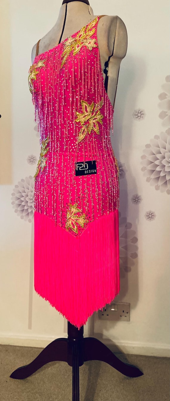 Baby Pink Latin Dance competition Dress. Swarovski crystal, Pink bugle beads. Fringe skirt