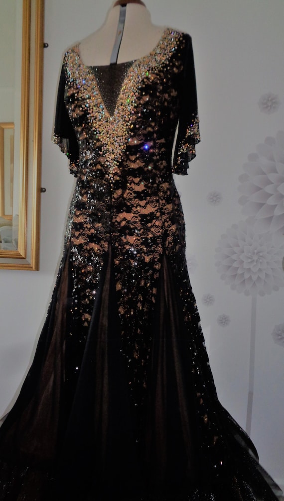 Black Lace Gold Underlay Standard Ballroom american Smooth Dance Dress With Cape Sleeves Swarvoski Crystals Etsy UK