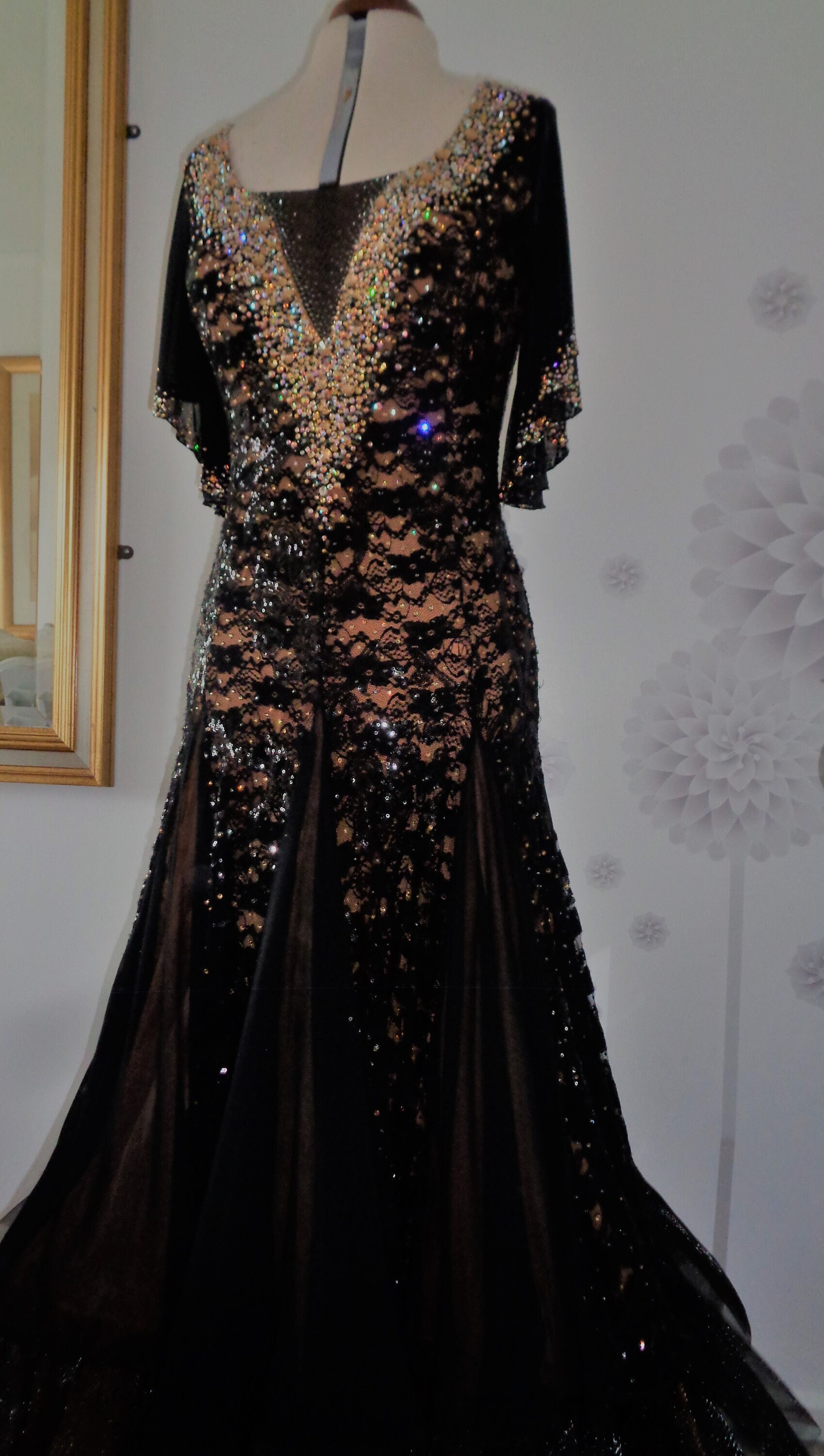 Black Lace Gold Underlay Standard Ballroom american Smooth Dance Dress With Cape Sleeves Swarvoski Crystals Etsy UK