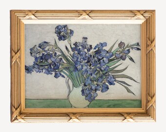Irises In Vase. Blue Floral Art. Still Life Painting. Blue and Green Wall Art. Color was Painting. Vintage Kitchen Art. Blue Flowers Print